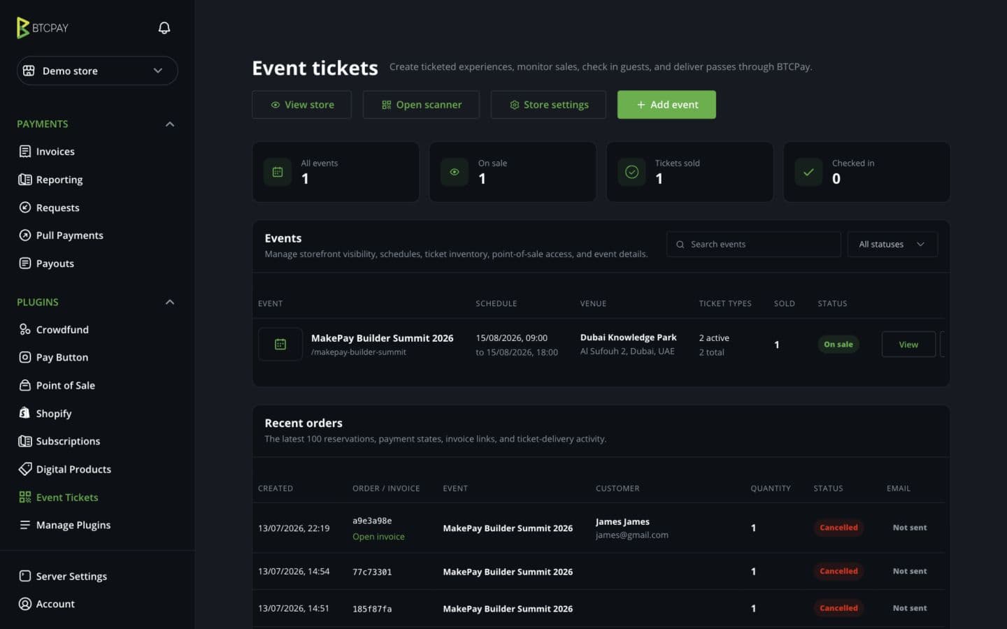 MakePay Event Tickets dashboard inside BTCPay Server