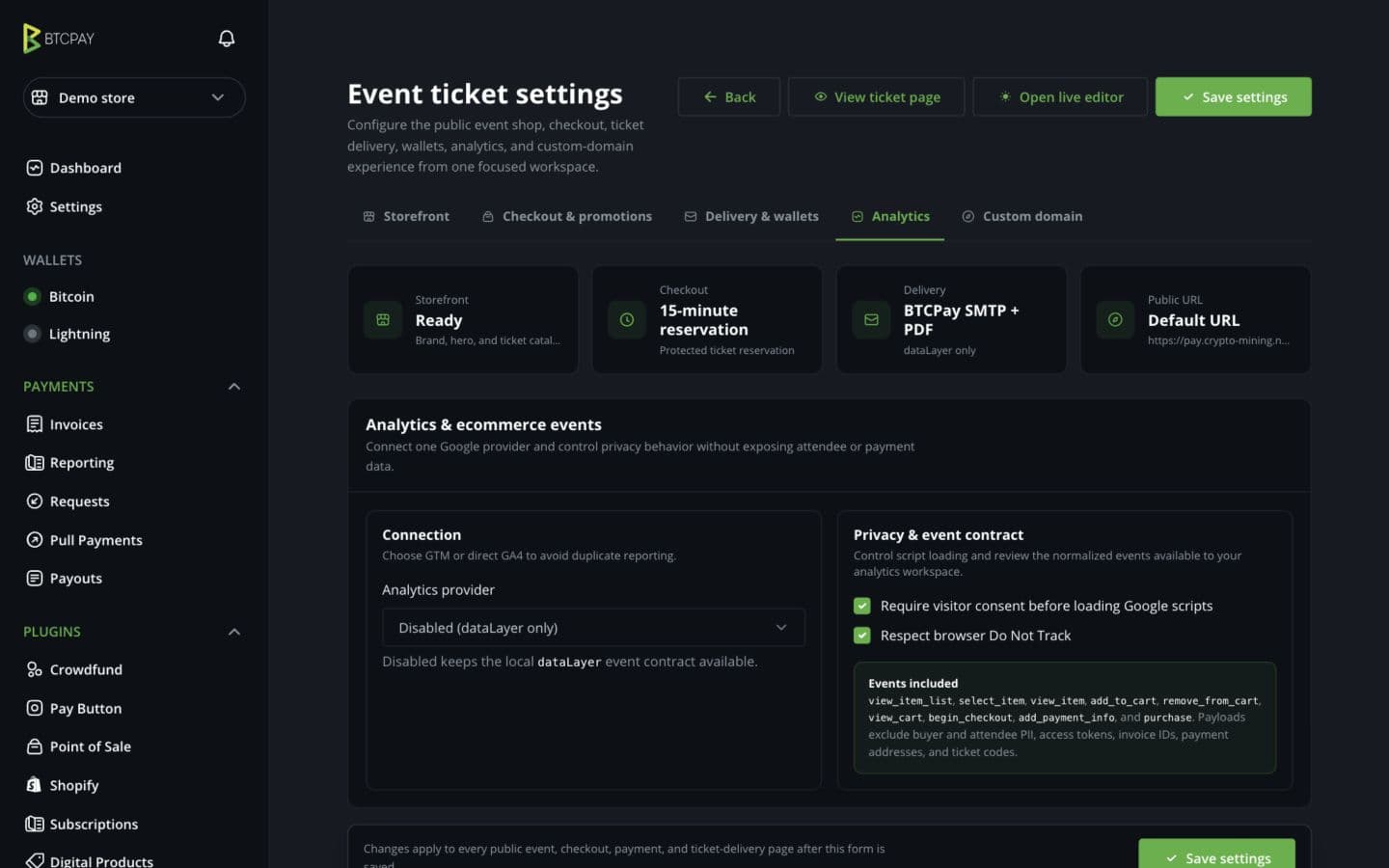 MakePay Event Tickets settings workspace in BTCPay Server